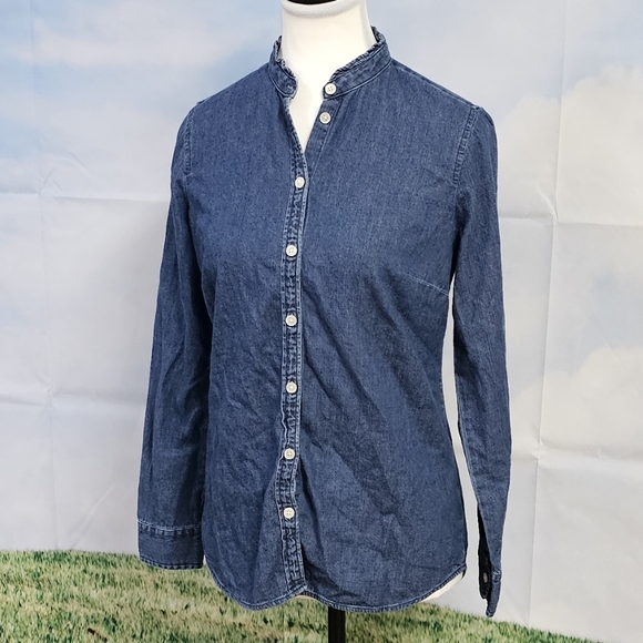 J. CREW | 100% COTTON DENIM RUFFLE NECK BUTTON DOWN BOYFRIEND SHIRT - Picture 8 of 16